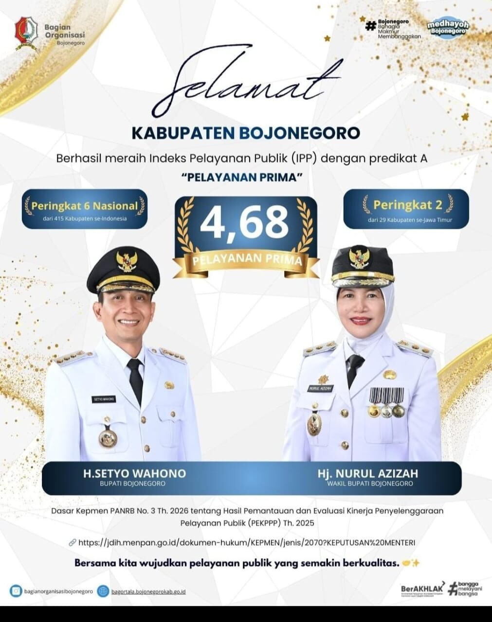 Kabupaten Bojonegoro Raih Predikat Pelayanan Prima Indeks Pelayanan Publik Tahun 2025