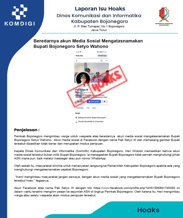 Pemkab Bojonegoro Imbau Warga Waspada Akun Palsu Mengatasnamakan Bupati Setyo Wahono